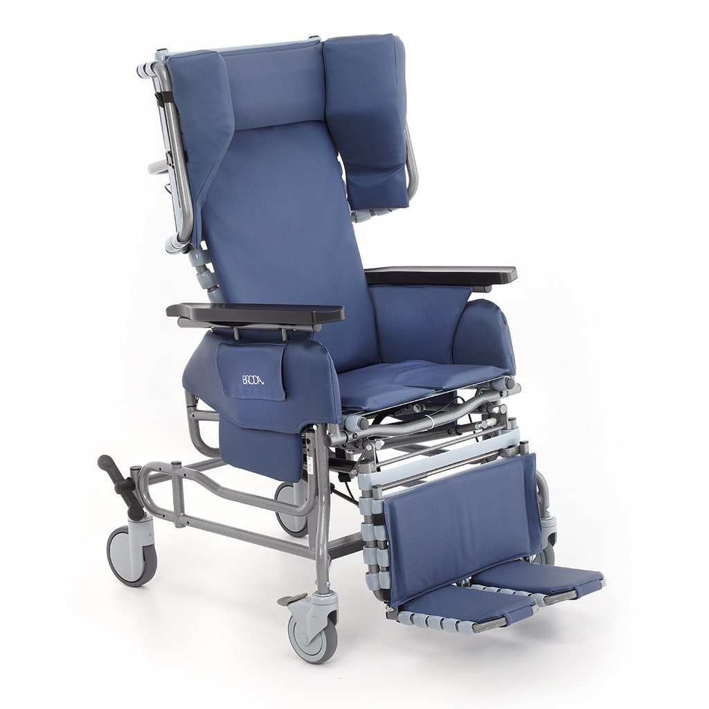 Broda Elite Tilt Wheelchair with Comfort Tension Seating, adjustable 40° tilt-in-space, 90° recline, durable steel frame, and pressure redistribution for enhanced patient comfort and safety