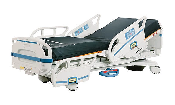 Stryker S3 hospital bed frame with StayPut technology, adjustable one-hand siderails in intermediate support position, integrated digital scale, sturdy steel frame with 500 lb weight capacity, and 6-inch casters for mobility